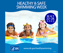 2023 Healthy and Safe Swimming Week photo shows three children floating on a pool noodle.