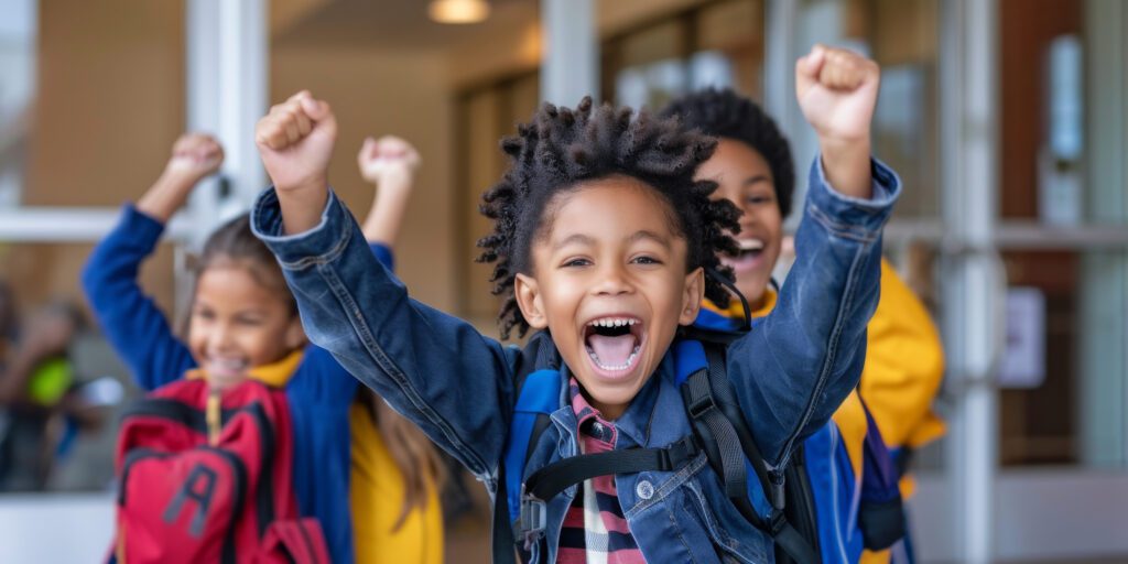boy with arms raised, cheering while coming out of school