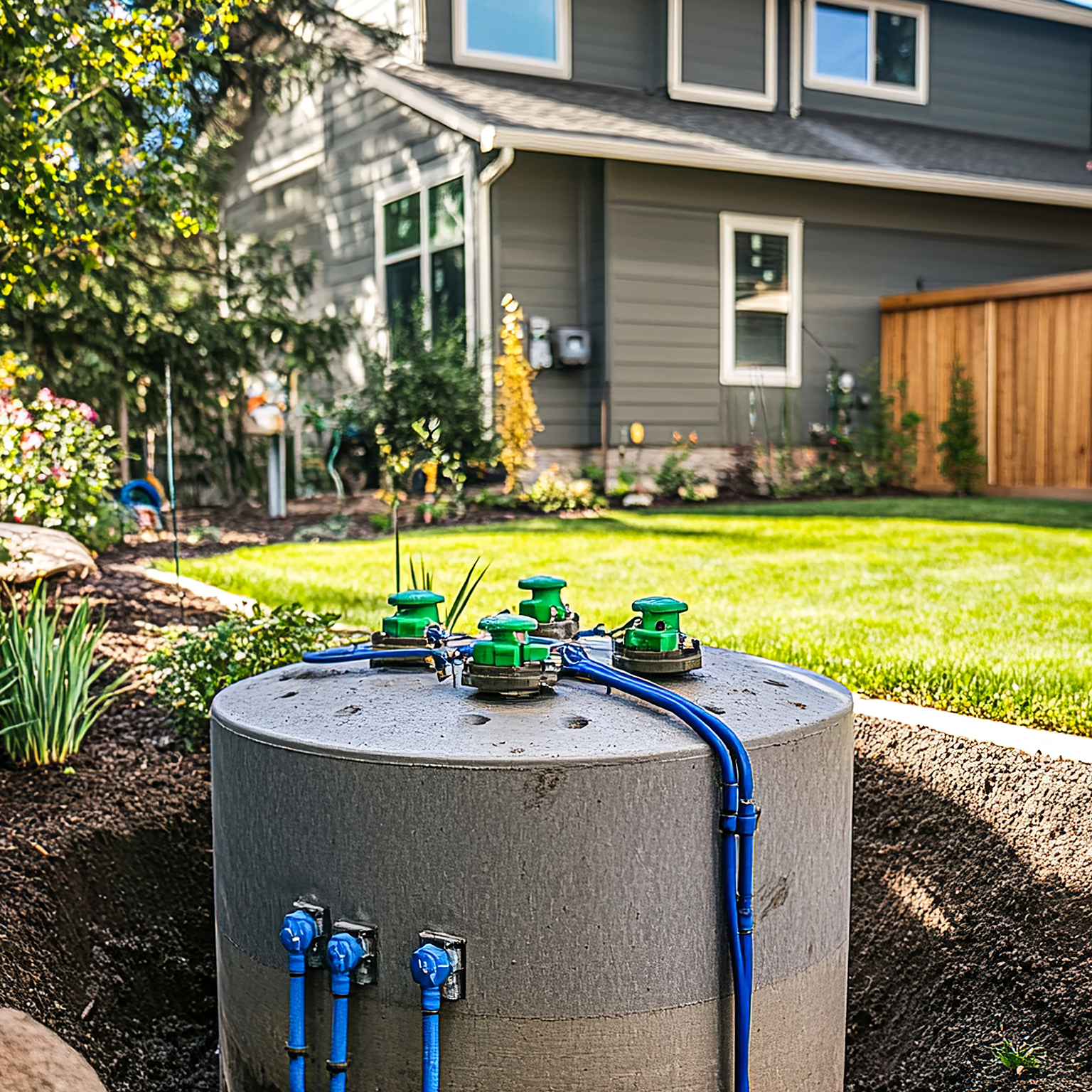 Photograph of an newly installed septic tank in a backyard with a view of a gray home with white trim in the background