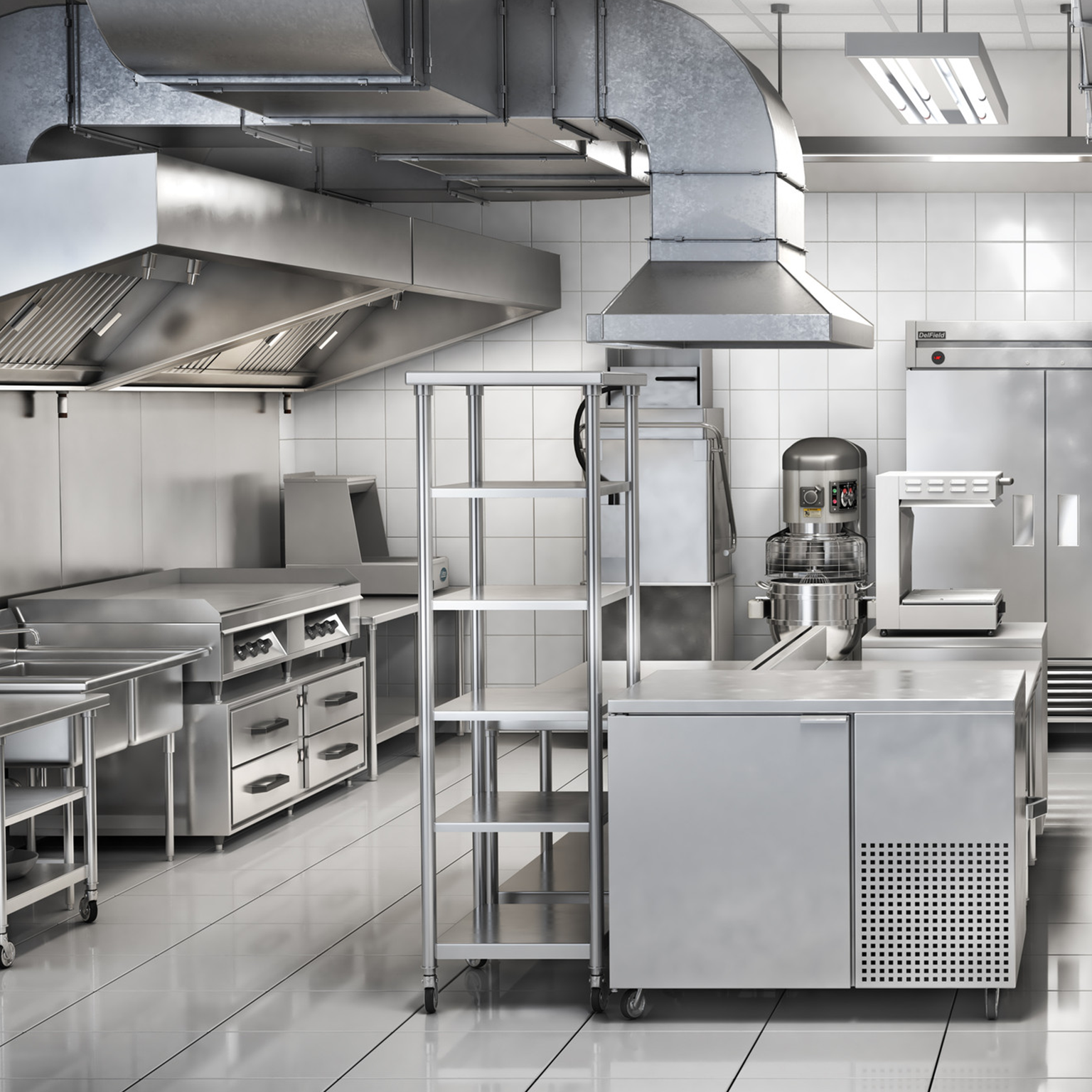 Photograph of industrial kitchen, featuring stainless steel appliances