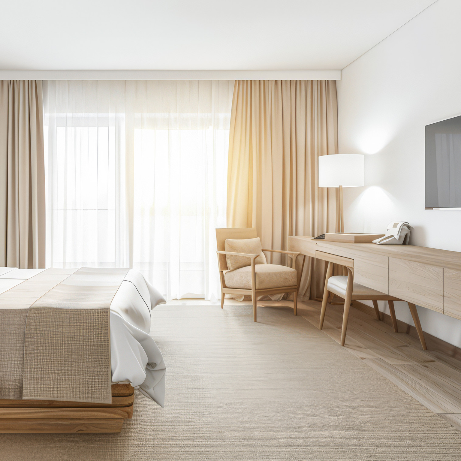 Photograph of the inside of a neutral hotel room showing the end of a bed with a dresser and desk on the right