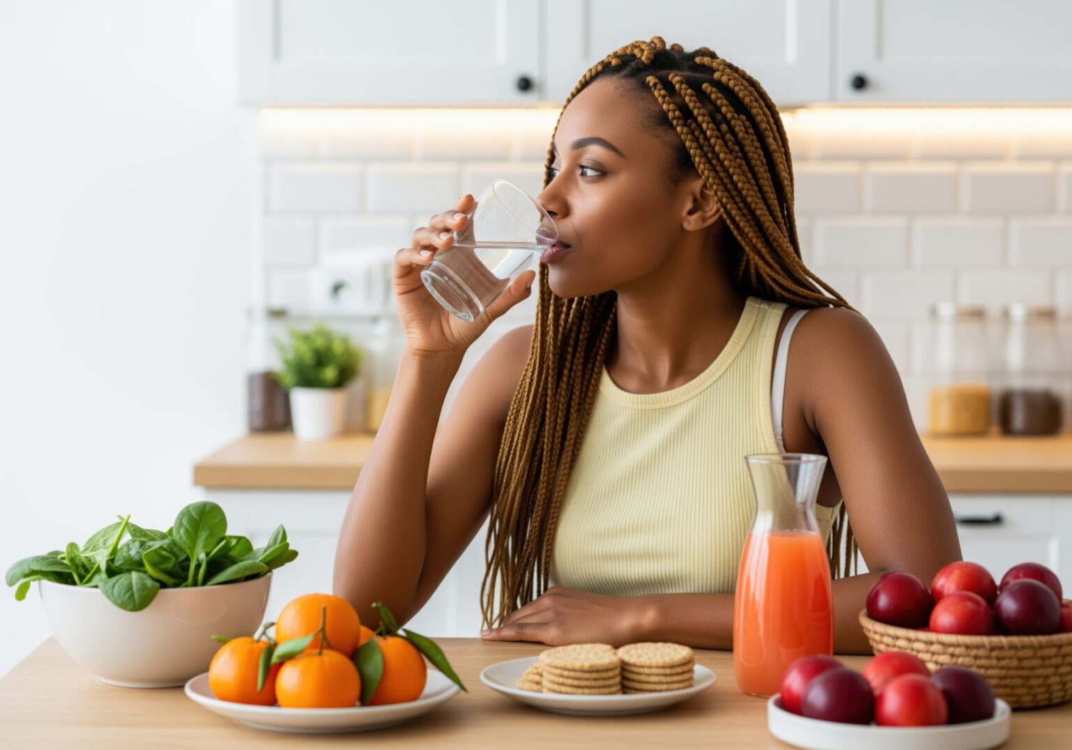 A young african american woman with long braided hair drinks a glass of water in a bright, modern kitchen, surrounded by fresh fruits and healthy snacks, promoting wellness and hydration.