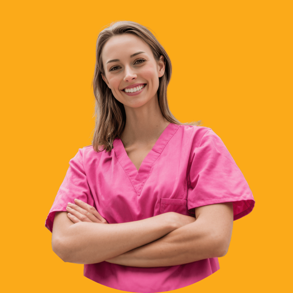 분홍색 수술복을 입은 여성이 팔짱을 끼고 미소 짓고 있다.