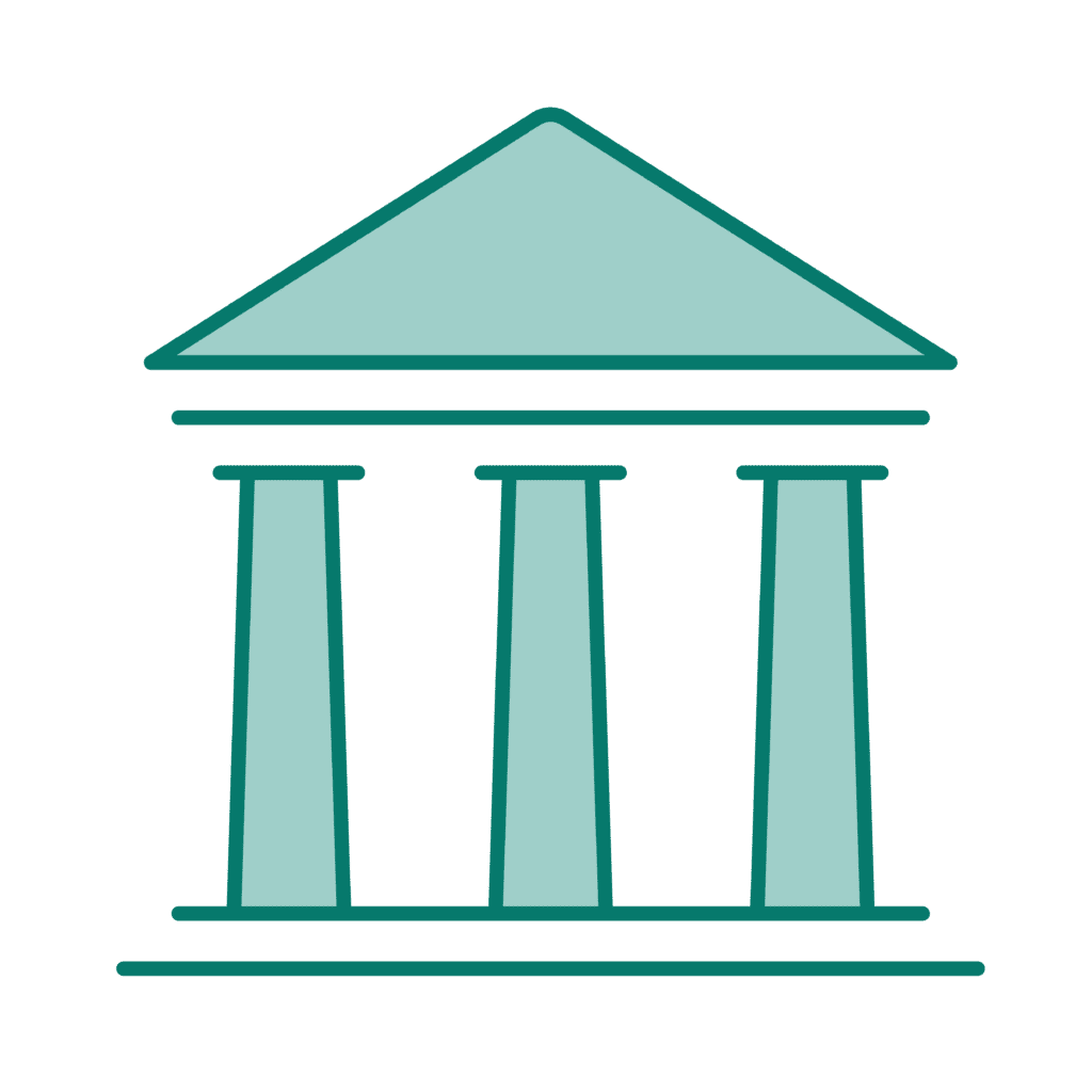 Illustration of an institutional building with three pillars and a roof