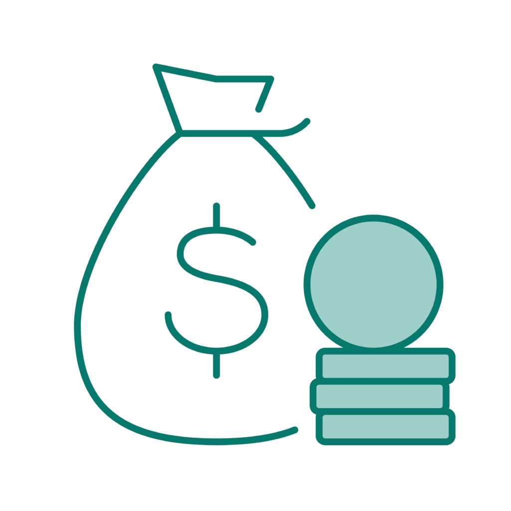 Illustration of a money sack with stacked coins next to it